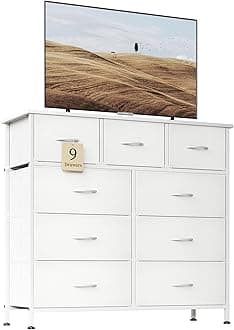 Flrrtenv Chest of Drawer with 9 Drawers, Modern Bedroom Cabinte, 9 Fabric Drawers with Wooden Top, Sturdy Metal Frame, Tall White Hallway Storage Unit