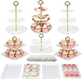 Pack of 10 NWK Cake Stand Set, with 3 x Two-Tier and 3 x Three-Tier Cupcake Stands, 4 x Appetizer Trays, 1 x Tablecloth for Birthday Bridal Baby Shower Party (Gold)
