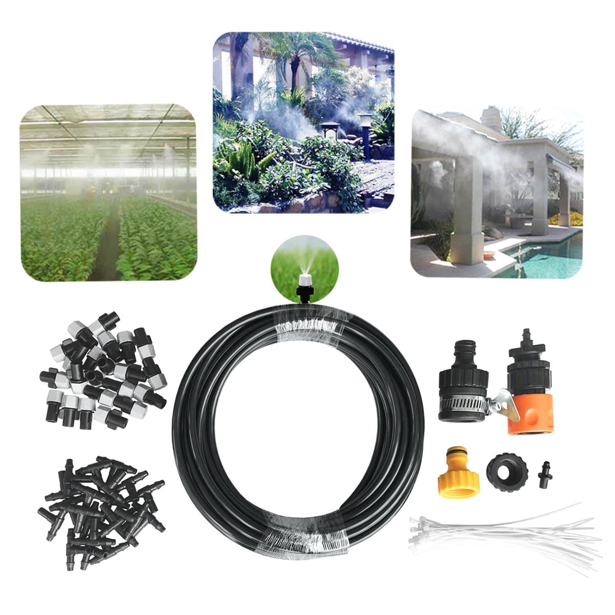 DIY Misting System 50ft Misters Cooling Outdoor System Irrigation Sprinkle with 20pcs Misting Nozzles+3/4â€ and 1/2 Faucet Connector Each+1pc Universal Adapter for Patio Garden Greenhouseâ€¦