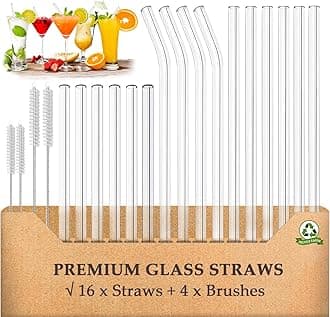 Glass Straws Drinking Reusable 20 Pack,Size 8.5''x10MM, 8.5’’x8MM and 6''x10MM,Glass Straws Shatter Resistant Including 12 Straight and 4 Bent with 4 Brushes, Reusable Glass Straw for Cocktail,Juice