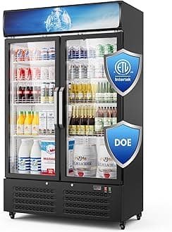 44"W ETL & DOE Certified 28 Cu Ft Commercial Merchandiser Refrigerators 2 Doors, Display Beverage Fridge with Built-in LED Light & Front LED Light,Double Glass Door Upright Business Retail Cooler