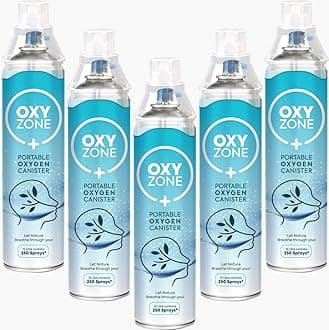 OXYZONE Natural Oxygen 60 Litres in Portable Can | First Aid Essential | Revitalizes | Enhance Physical Wellness | 60 Litre (12 L × 5) | 1250 Puff (250 Puff × 5)
