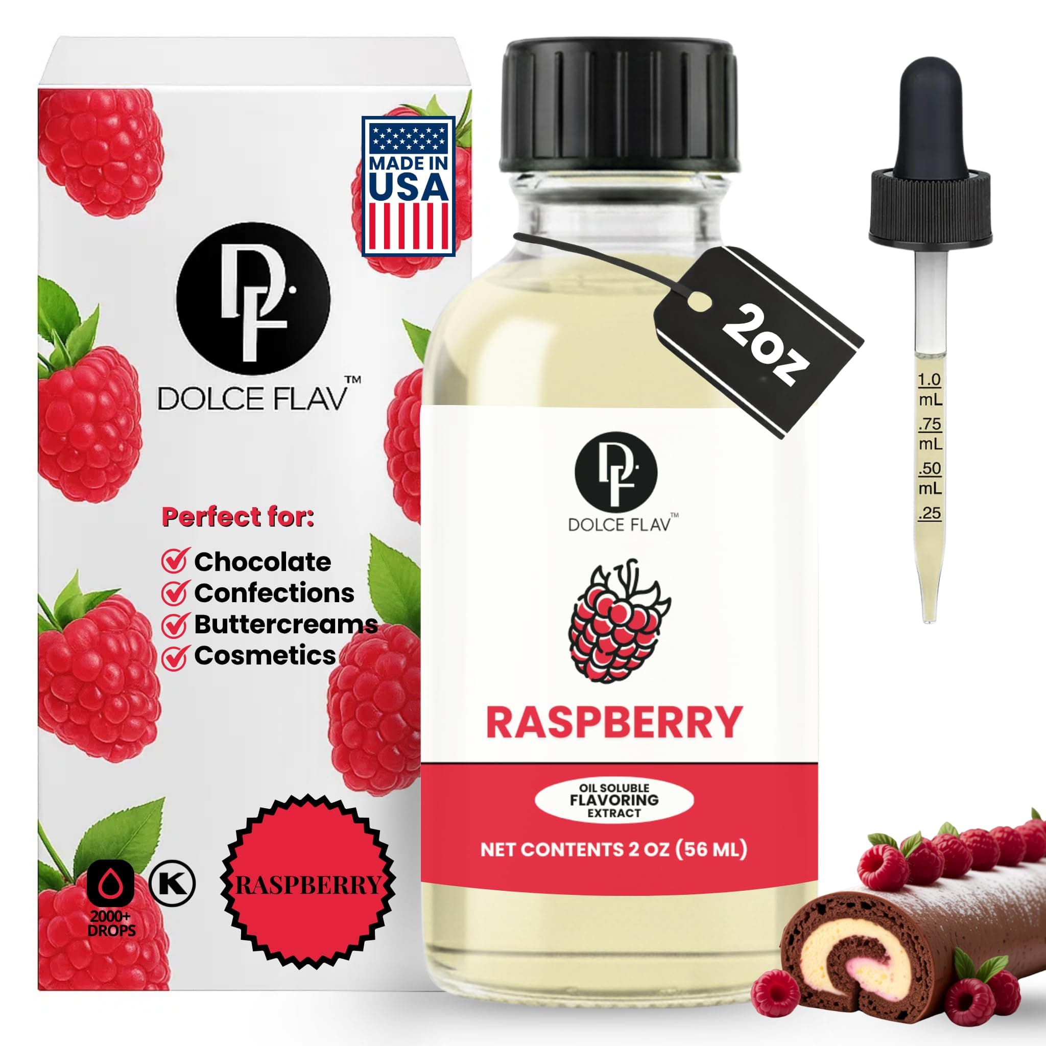 Raspberry Extract – 2 Ounce Oil-Soluble Kosher, Sugar-Free, Concentrated Raspberry Flavoring for Chocolates, Candies & Baking, Includes Measured Dropper