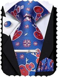 Hi-Tie Christmas Tie Set Silk Red Blue Green XMS Necktie and Clip Pin Pocket Square Cufflinks Set