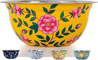 Spices home decor Large Hand Painted Stainless Steel Fruit Bowl - ative Floral Salad Mixing and Serving Bowl - Traditional Kashmiri Art for (Yellow)