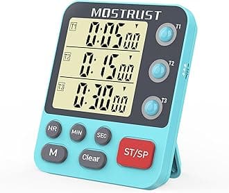 Digital Dual Kitchen Timer, 3 Channels Countdown Triple Timer for Cooking, Magnetic Memory-Preset Large-Display Adjustable Alarm Volume, Multi Times Management, 3A Battery Included, Blue