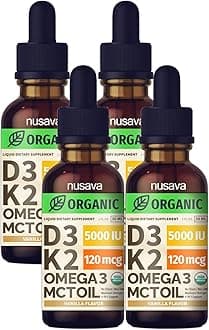 (4 Pack) Organic Vitamin D3 K2 Drops with MCT Oil Omega 3, 5000 IU, Maximum Strength Vitamin D Liquid - No Fillers, Non-GMO Liquid D3 for Faster Absorption & Immune Support (Vanilla, 4 Fl Oz)