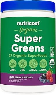 Organic Super Greens Powder (30 Servings) Mixed Berry Flavor - Superfood Supplement Drink Mix