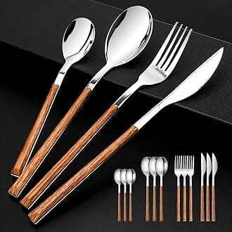 Stainless Steel Flatware Set for 4, Cutlery Utensils Set with Simulated Wooden Handle Include Knives Forks Spoons Service for 4, Mirror Polished and Dishwasher Safe (Silver)