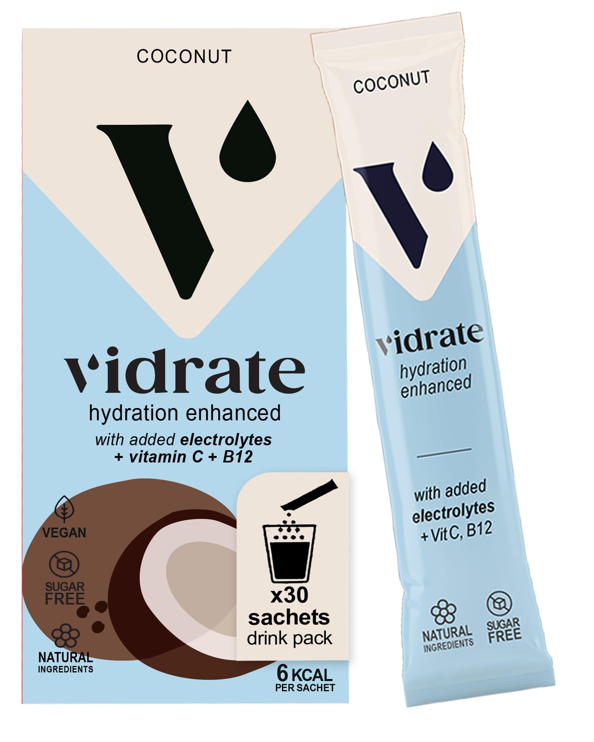 Vidrate Electrolytes Powder - Hydration Sachets Packed with Vitamins - Zero Sugar Rehydration Sachet with No Artificial Sweeteners & Preservatives - Coconut Large Pack, 30 Electrolytes Sachets