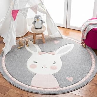 SAFAVIEH Carousel Kids Collection Area Rug - 5'3" Round, Grey & Ivory, Bunny Design, Non-Shedding & Easy Care, Ideal for High Traffic Areas for Boys & Girls in Playroom, Nursery, Bedroom (CRK166F)