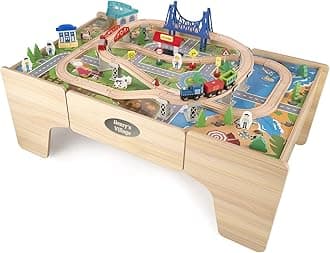 Hooga Personalised Wooden Children's Play Table, Custom Train Table with Wooden Track and 80 Piece Toy Set, 2 in 1 Multi Usage Kids Activity Bench with Your Chosen Name (Silver Vinyl)