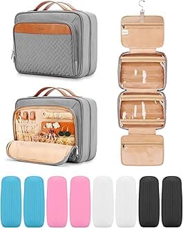 Travel Hanging Toiletry Bag for Women and Men, with 8 Leak Proofing Silicone Bottle Covers, Waterproof Makeup Accessories, Cosmetic Essentials, Cruise Ship Toiletries Bag with Jewelry Organizer, Grey