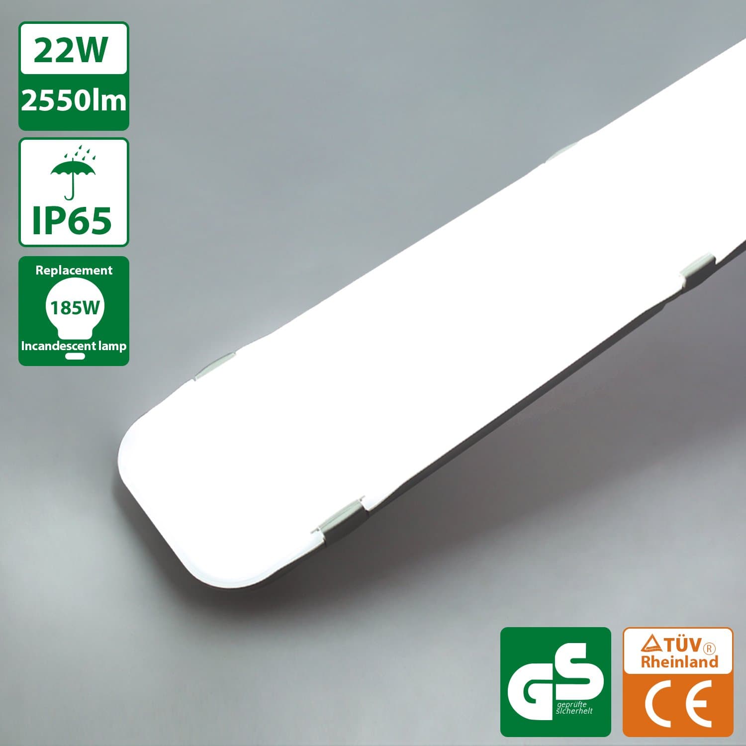 Oeegoo 2FT 18W LED Batten Tri-Proof Ceiling Lights, IP66 Waterproof, Neutral White (4000K-4500K), 1400LM, 100W Incandescent Bulb Equivalent, Ideal for Garage, Underground Storage, Workshop, Bathroom