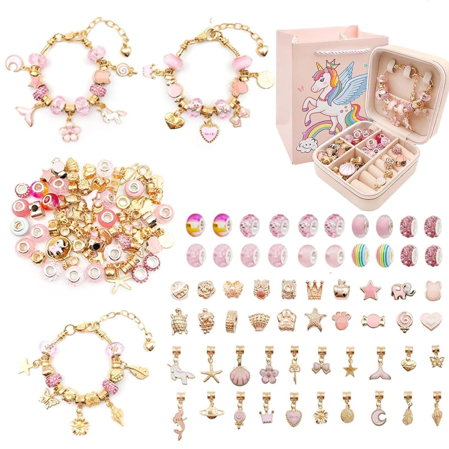 Beauenty Bracelet Making Kit for Girls,66PC Gold Charm Bracelets Kit with Jewelry Box, Bracelets for DIY Craft, Jewelry Gift for Adults and Kids,Gifts For 8-12 Year Old Girl (gold)