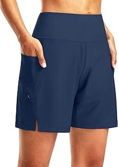 Women's 7" Long Swim Board Shorts High Waisted Quick Dry Beach Swimming Shorts for Women with Liner Pockets