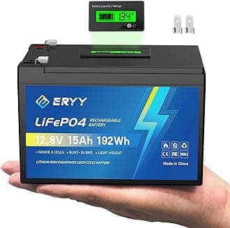 12V 15Ah LiFePO4 Lithium Battery with BMS & LCD Voltmeter, Grade A Cells, 4000+ Cycles, Lightweight Rechargeable Deep Cycle Battery for Fish Finder, Camping Light, Solar System, Ham Radio