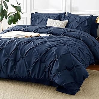 King Size Comforter Set Navy Blue, 7 Pieces Pintuck Bed in A Bag Blue Comforter King Size, Pinch Pleat Bedding Set with All Season Comforter, Flat Sheet, Fitted Sheet, Pillowcases & Shams