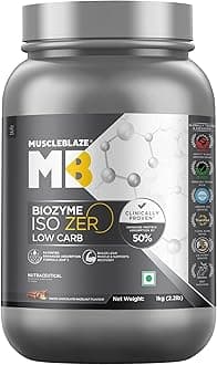 MuscleBlaze Biozyme Iso-Zero, Low Carb Whey Protein Isolate, 27g Isolate Whey Per Scoop (Swiss Chocolate Hazelnut, 1kg / 2.2lbs) with USA Patent-Published Enhanced Absorption Formula (EAF®)