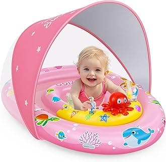 Baby Pool Float with Canopy UPF50+ Sun Protection, Inflatable Kids Pool Floats with Ocean Animal Toys for Baby 6-36 Months, Infant Swimming Float with Adjustable Safety Seat for Boys Girls