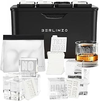 BERLINZO Premium Clear Square Ice Cube Maker - 8 Crystal Clear Ice Cubes for Whiskey Mold - Includes 2 Storage Bags