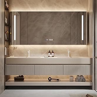 Double Sink Bathroom Vanity - Solid Wood Bathroom Vanity with Smart Defog Mirror ＆ Light, Floating Double Sink Cabinet with Abundant Storage Space (56IN)