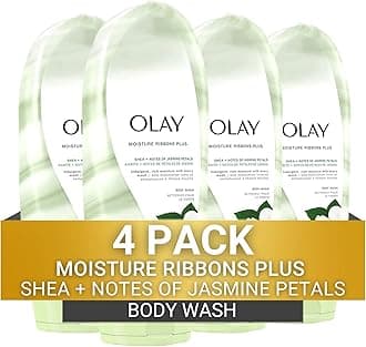 Olay Moisture Ribbons Body Wash with Shea and Notes of Jasmine Petals, 18 fl oz, (Pack of 4)