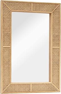 PARISLOFT Wooden and Rattan Mirrors, Boho Rectangle Wall Mirror for Living Room, Bedroom, 37.8''