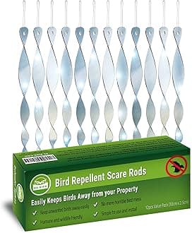 De-Bird Acrylic Bird Scare Rods - Reflective Glare Deterrent & Outdoor Bird Repellent - Humane Fruit Tree Deterrent - Easy Install Kit - Pack of 12, Silver