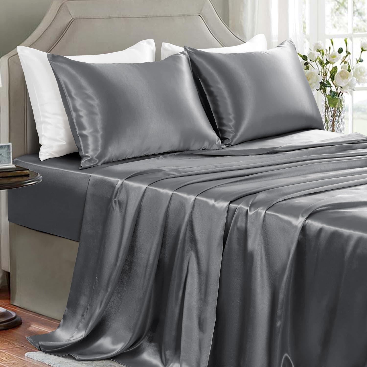 Satin Sheets Full Size - 4 Pieces Luxury Silky Soft Bed Sheets, Wrinkle-Free Dark Grey Satin Silk Sheet Set with 1 Deep Pocket Fitted Sheet, 1 Flat Sheet, 2 Pillow Cases