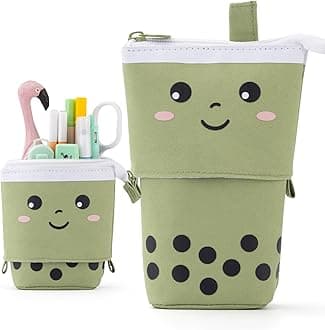 ANGOOBABY Standing Pencil Case Cute Telescopic Pen Holder Kawaii Stationery Pouch Makeup Cosmetics Bag for School Students Office Women Teens Girls Boys Christmas Gift (Green)