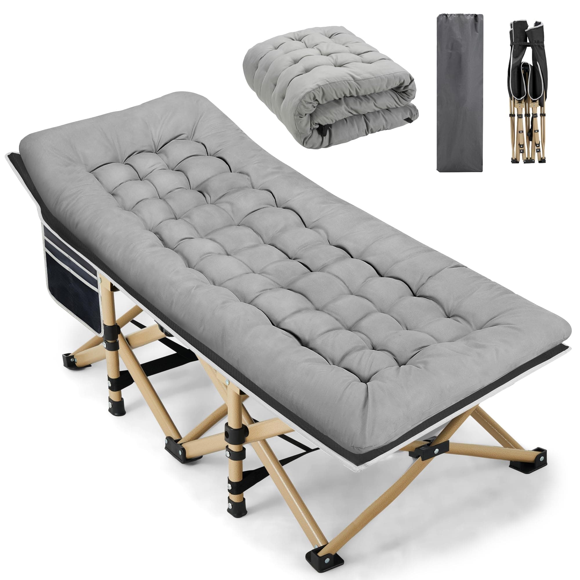 Portable Camping Cot, 600LBS Max Load, Extra Wide with Thick Mattress, Folding Cot for Outdoor Camping/Office, Home Nap (Grey)