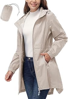 33,000ft Women's Waterproof Long Rain Coats Packable Rain Jacket with Hood Trench Coats Windbreaker