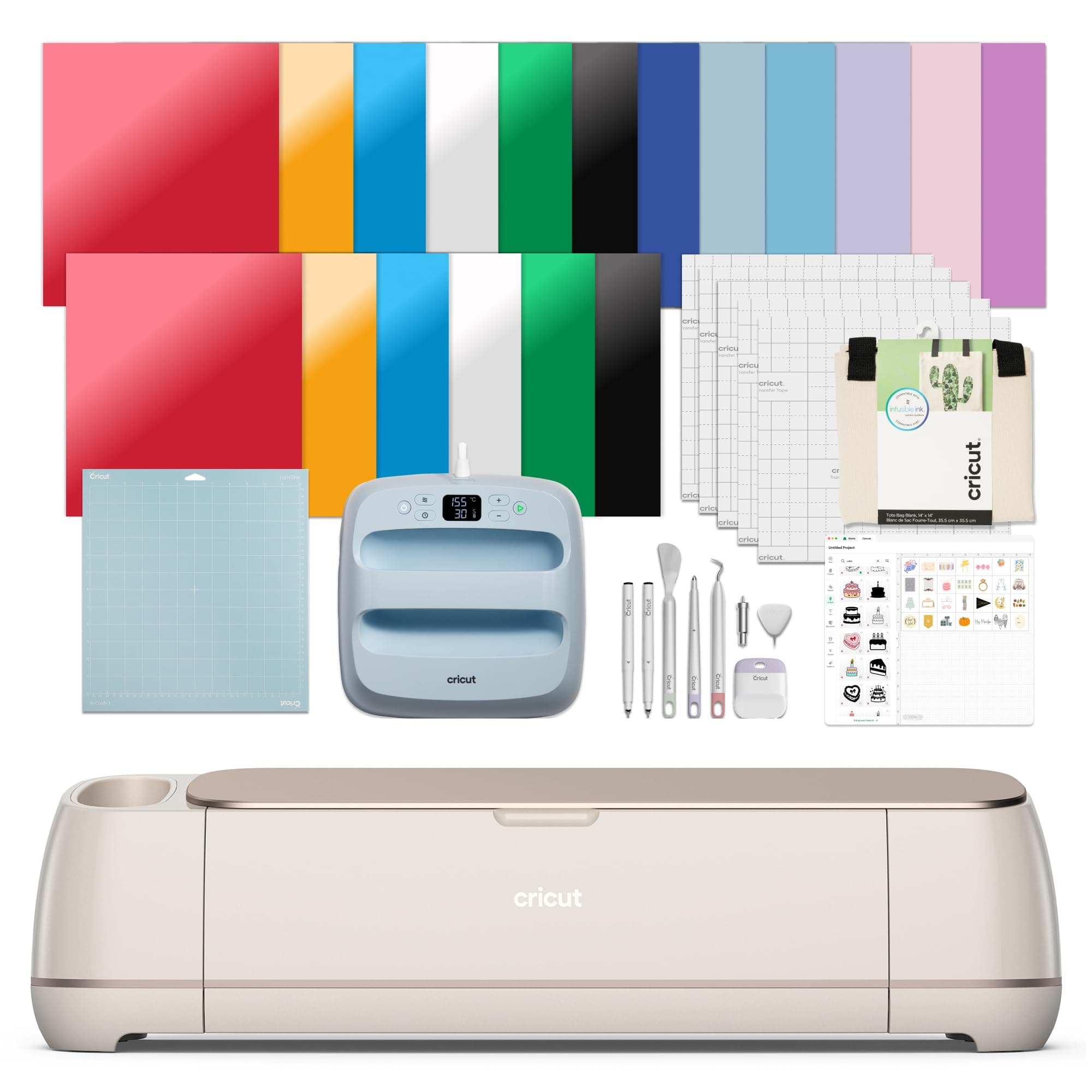 Cricut Maker 4 - Smart Cutting Machine (Seashell) | Engagement Plus Bundle - Includes EasyPress 3 Heat Press (9x9) + Mat, Tote Bag, Material Samplers, Machine Mat, Pens, Tools, & 25 Digital Images