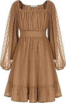 GRACE KARIN Girls Ruffle Tiered Dress Long Sleeve Swiss Dot Flowy A-Line Dress 6-12Y