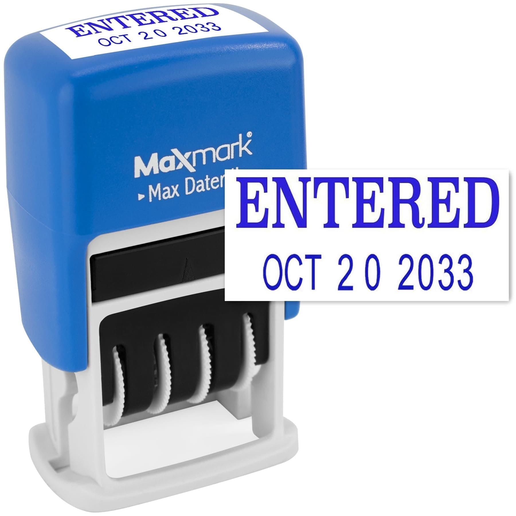 MaxMark Self-Inking Rubber Date Office Stamp with Entered Phrase & Date - Blue Ink (Max Dater II), 12-Year Band