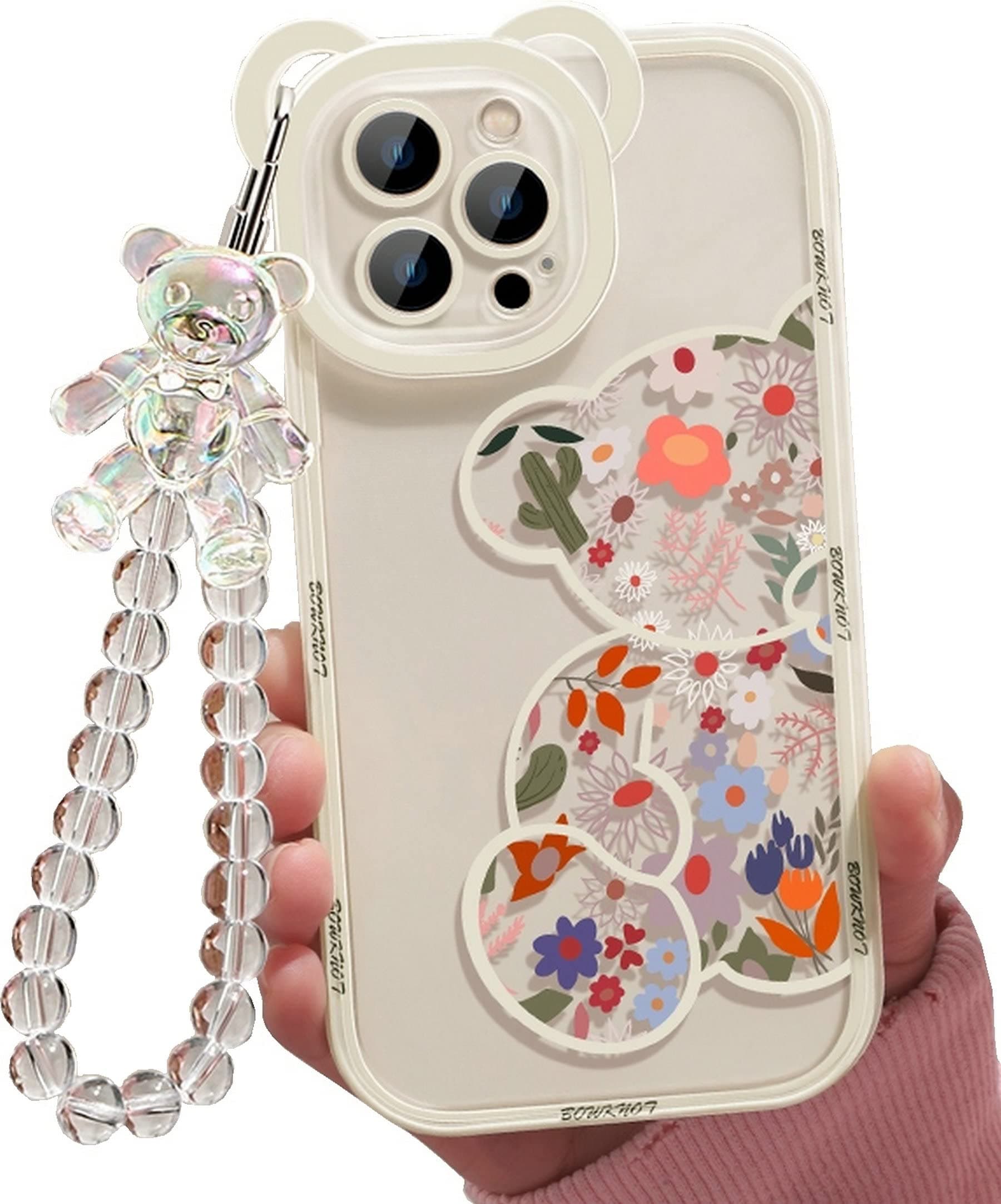 Compatible with iPhone 11 Pro Max Case,Cute Clear Flowers Bear Camera Protector with Lovely Strap Bracelet Chain Girls Women Cover