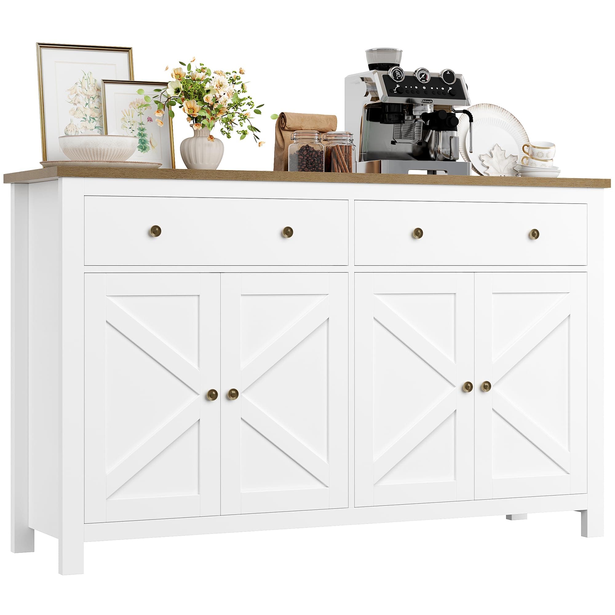FirFurd Sideboard 140cm Large Kitchen Sideboard Storage Cabinet White Kitchen Cabinet Cupboard with 2 Drawers 4 Doors Adjustable Shelves for Living Room Dining Room 140x40x89cm