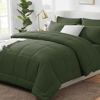 CozyLux Queen Comforter Set Olive Green, 7 Pieces Bed in a Bag, Green Comforters Queen Size, All Season Bedding Sets with Stitch Quilted Comforter, Flat Sheet, Fitted Sheet, Pillowcases