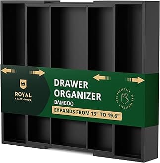 Luxury Bamboo Kitchen Drawer Organizer - Silverware Organizer - Utensil Holder and Cutlery Tray with Grooved Drawer Dividers for Flatware and Kitchen Utensils (5 Slot, Black)