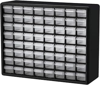 64-Drawer Plastic Drawer Storage Cabinet for Garage Organization, Bead Organizer, Building Bricks Storage, Teacher Toolbox, Makeup Organizer, 20" W x 6" D x 16" H, 10164 Black