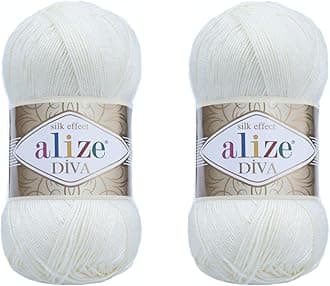 AlizeDiva Yarn Hand Knitting Yarn 100% Microfiber Acrylic Yarn Alize Diva Silk Effect Thread Crochet Art Lace Craft Lot of 2 skeins 200gr 767 yds (1055-Sugar White)