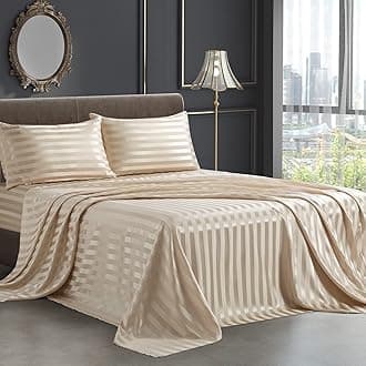 SiinvdaBZX 4Pcs Satin Sheets Stripe Printed Sheets, Italian Style Silky Soft Beige Satin Queen Bed Sheets with Deep Pocket, 1 Fitted Sheet, 1 Flat Sheet, 2 Envelope Closure Pillowcases