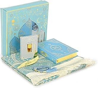 – ihvan online Prayer Gift Set for Hajj and Umrah, Muslim Prayer Rug, Prayer Mat, Beads Taasbih, Holy Quran Translated English, Janamaz Salah Mat, Islamic Gift Set for Ramadan & Eid, Blue