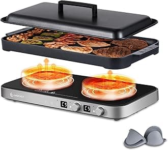 AMZCHEF Double Induction Cooktop with Removable Griddle Pan Non-stick, 1800W 2 burner Portable Induction Stove With Sensor Touch 9 Power Levels, 99 Min Timer, Iron Grey