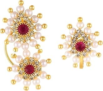 Vighnaharta Gold Plated with Pearl CZ and Artificial stone Clip-on and Press Maharashtrian Nath Nathiya./ Nose Pin valentine day gift valentineday gift for her gift for him gift for women gift for women [VFJ1190NTH-Red-1192NTH-Red]