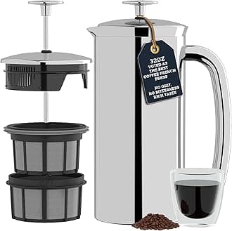 P7 French Press Stainless Steel 304 – Patented Double Walled Micro-Filter Insulated French Press Coffee Maker, Grit-Free Brew - Heat Resistant Plastic Free Coffee Maker, Polished (32oz)