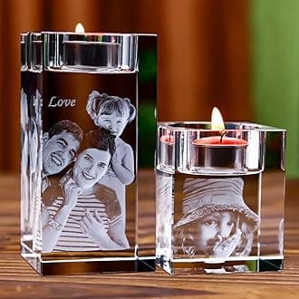 Personalized 3D Photo Crystal Candle Holder,Custom Engraved Crystal Candelabra with Your Own Picture Text,crystal Candle, Anniversary Christmas Birthdays Gifts for Dad, Mom, Him, Her (5x5x8cm)