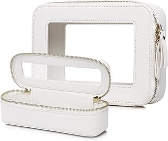 Clear Travel Makeup Bag with Brush Case Portable Transparent Cosmetic Bag and Toiletry Bag Waterproof Makeup Organizer with Zipper Car Essential for Women (White, M+Slim)