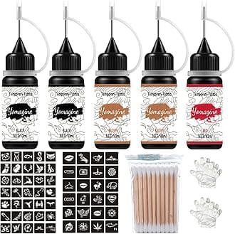 Temporary Tattoos Kit, Semi Permanent Tattoo Ink, DIY Fake Freckles Temporary Tattoos for Women Men Kids, Summer Trend Freehand Ink with 59 Pcs Tattoo Stencils, Jagua Gel - Full Kit 5 Bottles